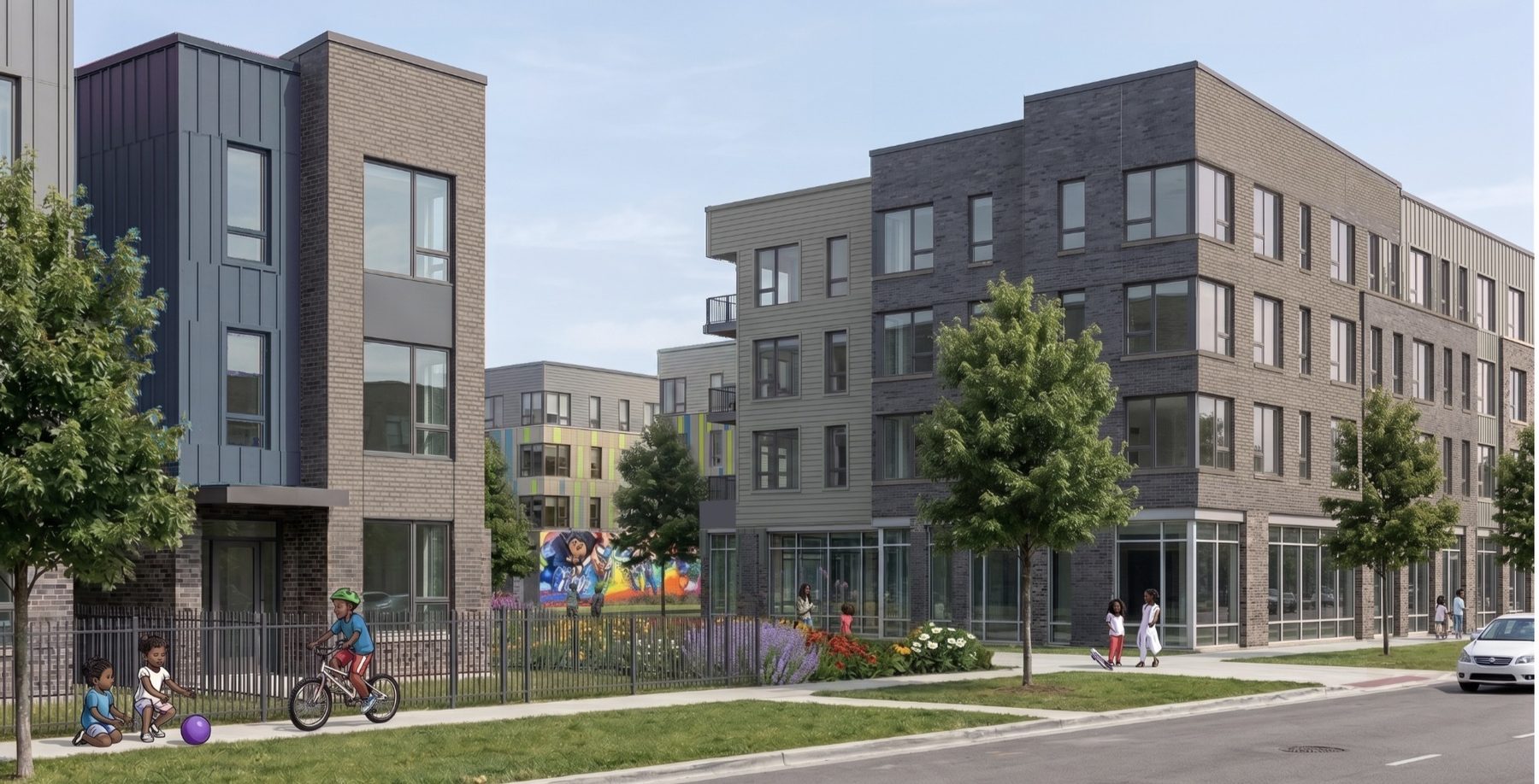 Rendering of the proposed apartment buildings along Washington Boulevard, with street frontage and play space.