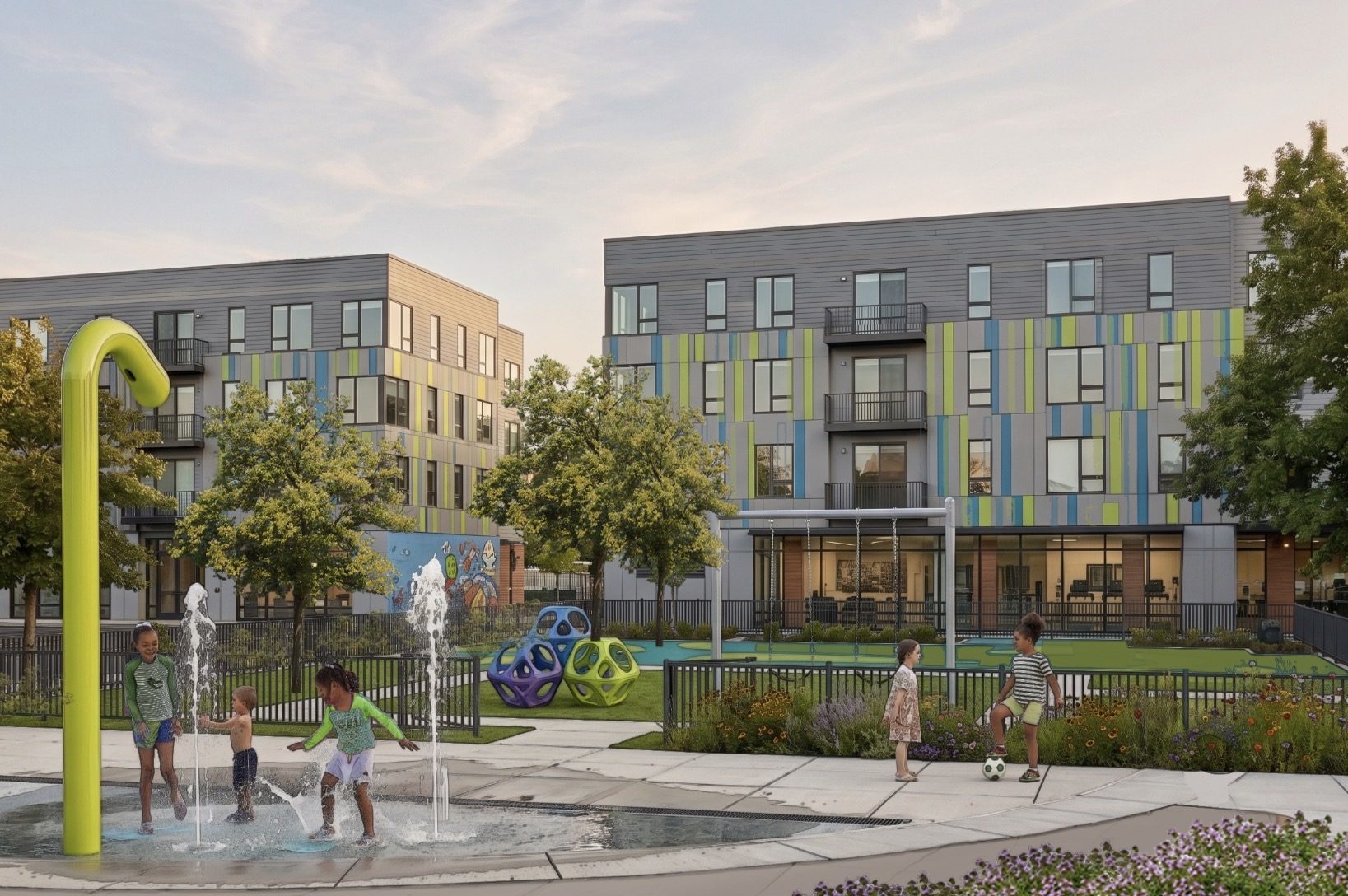 Rendering of the proposed splash pad and play area.